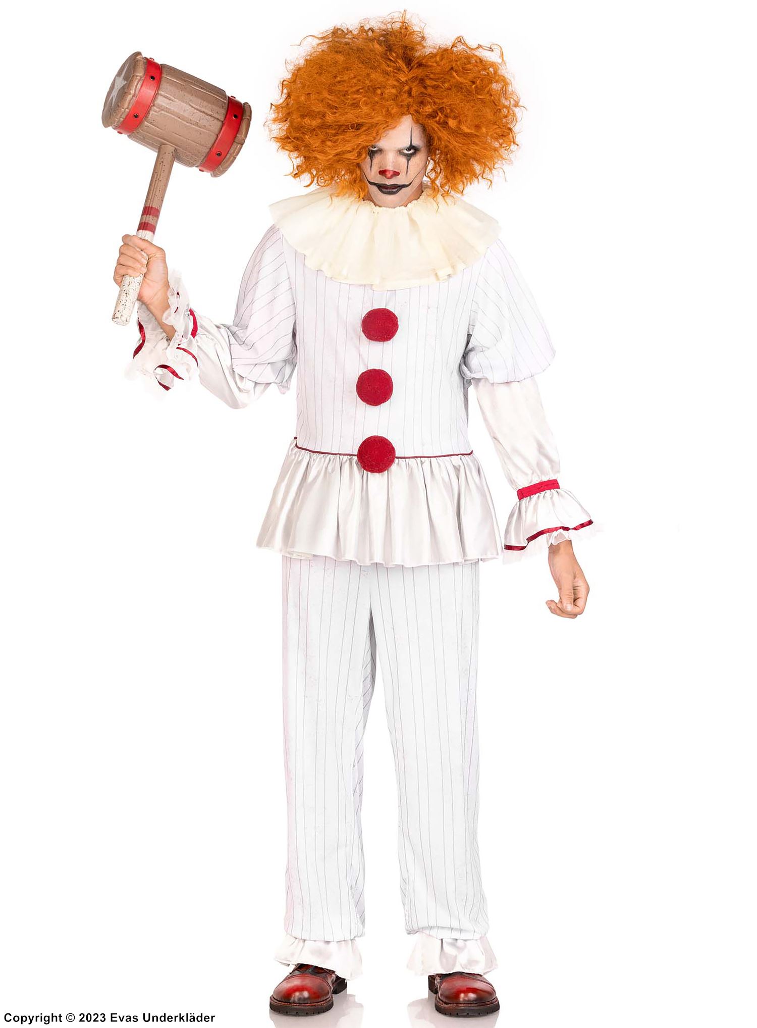 Läskig clown från IT, maskeraddräkt med topp och byxor, pom pom-knappar, långa ärmar och volanger